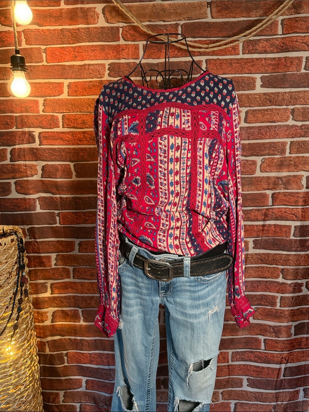 Maeve Red Paisley Mixed-Print Long-Sleeve Blouse